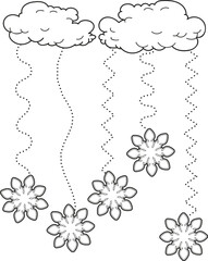Coloring page outline of cartoon snowflakes. Educational exercise, preschool worksheet for practicing fine motor skills, tracing dashed lines, colorful vector illustration, coloring book for kids. 