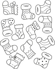 Coloring page outline of cartoon set of socks. Colorful vector illustration, winters coloring book for kids.