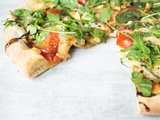 Top view of delicious vegetarian pizza on the table
