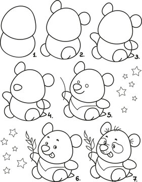 How to draw this picture. Coloring page outline of the cartoon cute bear panda. Colorful vector illustration of educational game for preschool children, coloring book for kids.