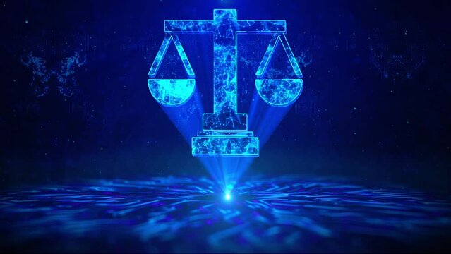 Justice Text with HUD Rotation Digital Technology interface Sci Fi Hologram Cyberspace Loop. Law justice. Scale justice judge gavel, auction symbol, legal law judiciary, trials judgment, legislation