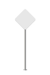 Rhombus blank road sign on metal pole vector illustration. 3d realistic traffic board for highway, isolated empty attention roadside signpost to notice information, danger, guide
