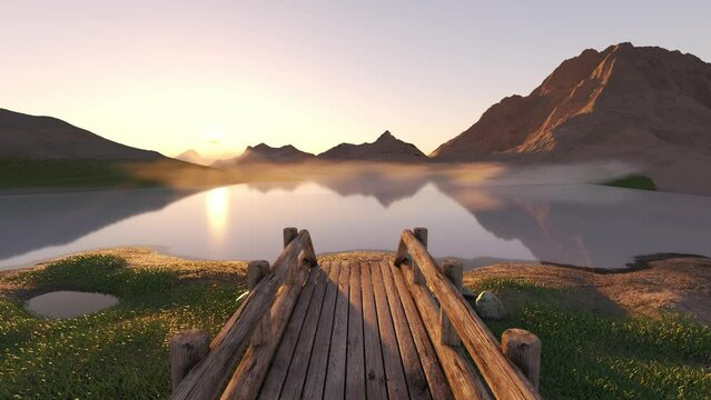 beautiful landscape of lake and hill at sunset with 3d rendered