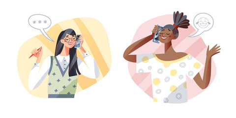 Cute girls talk smartphones set vector illustration. Cartoon isolated young female characters in office and home clothes holding mobile devices to chat with friend, family, husband or employee