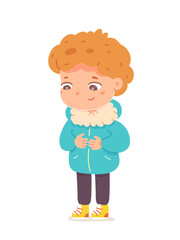 Cute boy holding zipper on warm winter jacket to fasten, isolated child in outerwear