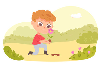 Obraz na płótnie Canvas Cute kid gardening, funny boy holding flower seedlings in hands to plant in soil