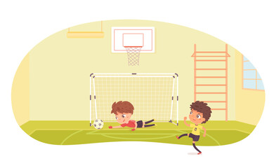 Boys play soccer game in school gym with sport equipment, goalie jumping after ball