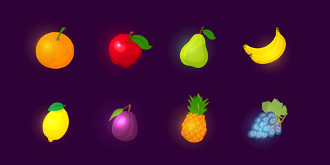 Neon glowing fruit set for gambling slot machine, game elements template and buttons