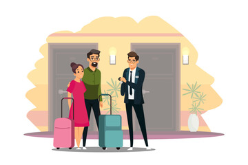 Hotel worker giving apartment key to guests with bags in hand vector illustration. Family standing in corridor in front of entrance doors, tourist character booking room for holidays and travel