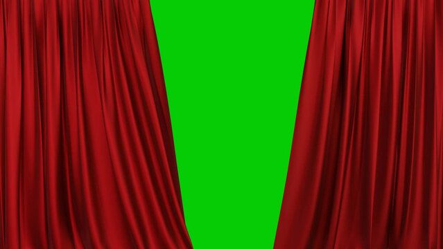 A realistic red fabric curtain with pleats opens on a green screen. Theater curtain. 4K 3D animation