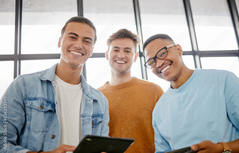 Poster study, digital tablet and students or friends portrait happy with course information, university gro