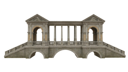 Light brown medieval covered stone bridge with classical columns and arches. 3D illustration isolated.