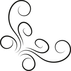 Black calligraphy ornament, vintage floral swirl. Monochrome wavy lines. Isolated png illustration, transparent background. Asset for overlay, pattern, cards, montage, collage or mark making.