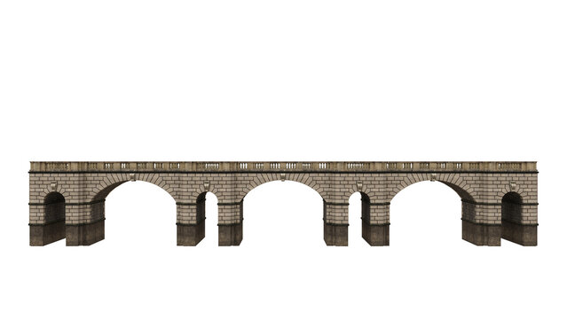 Wide low old stone bridge 3d illustration isolated.