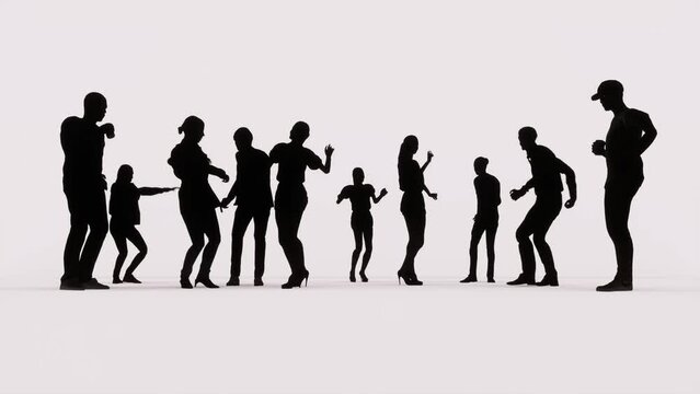 People's silhouettes dancing and having fun on white background. People silhouettes 3D animation.