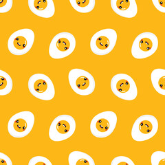 Cute cartoon style smiling egg characters vector seamless pattern background. 