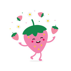 Cute happy cartoon style pink strawberry character juggling little strawberries and flowers.
 