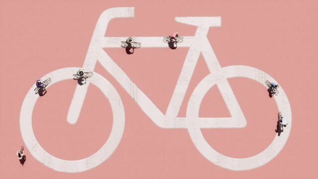 Bicycles with bicyclists moving on top of huge white bicycle icon top view 3D animation. Green transportation ways.