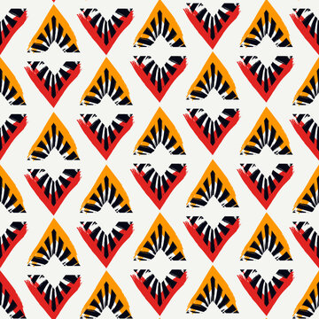 Paint brush rhombuses ornament. Seamless lozenges pattern. Hand drawn diamonds backdrop. Tiles wallpaper. Ethnic motif. Geometric background. Digital paper. Geometrical textile print.