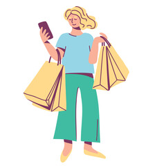 Female character with shopping bags and mobile phone. Urban lifestyle and online shopping. Hand drawn flat vector illustration