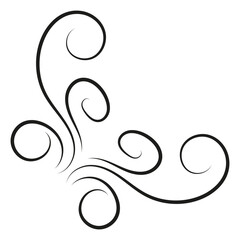 Black calligraphy ornament, vintage floral swirl. Monochrome wavy lines. Isolated vector illustration, transparent background. Asset for overlay, pattern, cards, montage, collage or mark making.