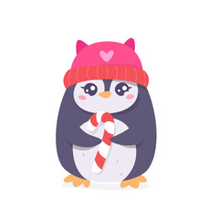 Cute penguin with candy, baby penguin with red hat holding spiral lollipop, eating snack
