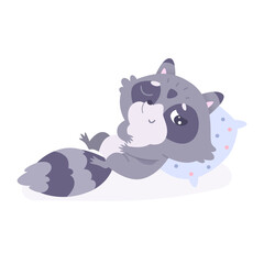 Cute raccoon lying on pillow in bed, playful baby racoon with funny face, paws and tail