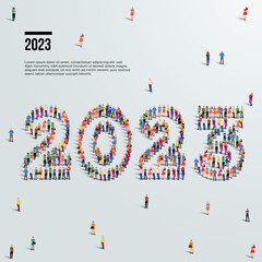 2023 happy new year greeting card design. A large group of people form to create the year number 2023 or twenty twenty three