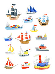 A set of watercolour boats and ships, hand-painted with watercolour. Collection with multicolored water transport