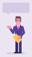 Businessman holding folder and pointing hand at