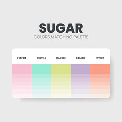 Sugar color scheme. Color Trends combinations and palette guide. Example of table color shades in RGB and HEX. Color swatch for fashion, home, interiors, design. Colour chart idea. Illustration.