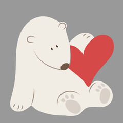 Polar bear with red heart. greeting card for holiday or Valentines day. festive clip art