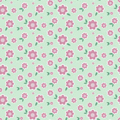 Seamless background with pink flowers and leaf on green. Delicate spring picture for wrapping paper. pattern