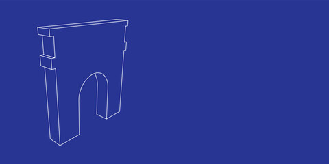 The outline of a large arch symbol made of white lines on the left. 3D view of the object in perspective. Vector illustration on indigo background