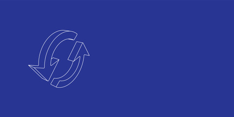 The outline of a large refresh symbol made of white lines on the left. 3D view of the object in perspective. Vector illustration on indigo background