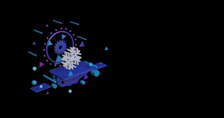White snowflake symbol on a pedestal of abstract geometric shapes floating in the air. Abstract concept art with flying shapes on the left. 3d illustration on black background