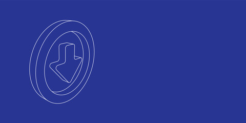 The outline of a large download symbol made of white lines on the left. 3D view of the object in perspective. Vector illustration on indigo background