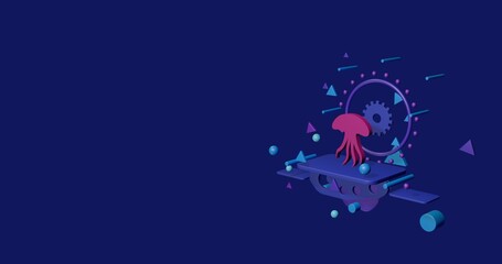Pink jellyfish symbol on a pedestal of abstract geometric shapes floating in the air. Abstract concept art with flying shapes on the right. 3d illustration on indigo background