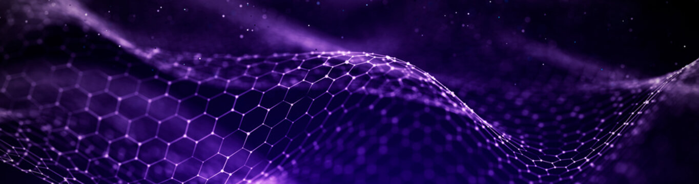 Abstract wave of connected hexagons. Futuristic polygonal background. Artificial intelligence. Big data technology. 3d rendering