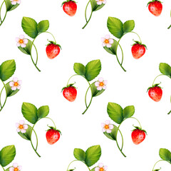 Strawberry background with flowers, wild berries, leaves. Seamless pattern.