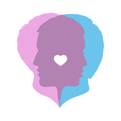 Man and women overlapping profile with heart graphic icon. Two lovers sign isolated on white background. Vector illustration
