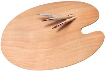 Empty wooden artist palette with paint brushes isolated