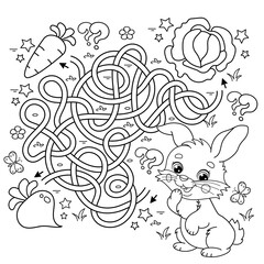Fototapeta premium Maze or Labyrinth Game. Puzzle. Tangled road. Coloring Page Outline Of cartoon cute bunny or rabbit with carrot and cabbage. Coloring Book for kids.