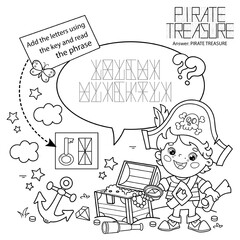 Puzzle Game for children. Coloring Page Outline Of cartoon little pirate with treasure chest. Coloring Book for kids.
