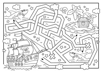 Maze or Labyrinth Game. Puzzle. Tangled road. Coloring Page Outline Of cartoon pirate ship with treasure island. Coloring book for kids.