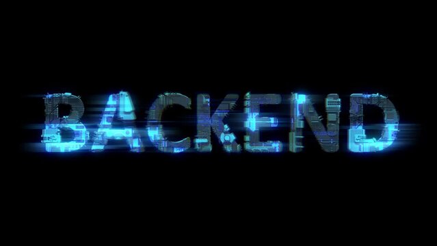 abstract glitch cybernetical text BACKEND glowing blue electrical light, isolated