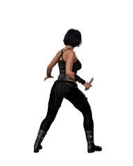 Obraz premium Dark haired fantasy assassin woman dressed in black and standing with knife in hand facing away. 3D rendering isolated.