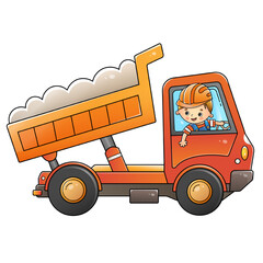 Cartoon lorry or dump truck with worker. Construction vehicles. Colorful vector illustration for children. © oleon17