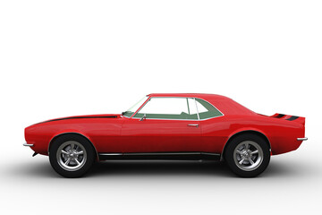 3D illustration of a red retro American sports car isolated on white.