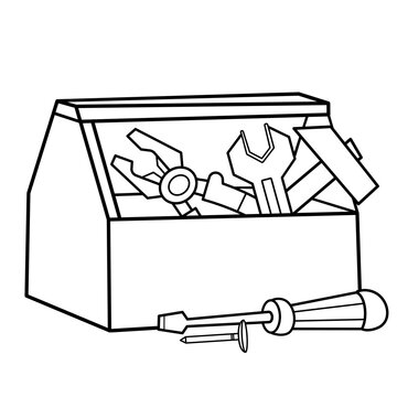 Set of household tools. Cartoon images of saw, wrench, pliers, hammer, axe, screwdriver. Coloring book for kids.